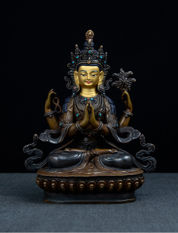 Four armed Avaloketishvara- 8 inch Copper two-toned oxidized (1.2)