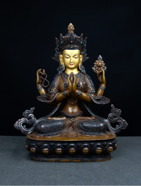 Four armed Avalokiteshvara- 12 inch Copper two-toned antique (2.1)