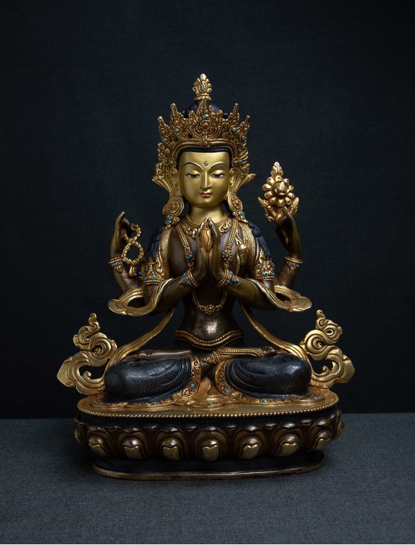 Four armed Avalokiteshvara- 12 inch 24K Part-gold two-toned antique (2.1)