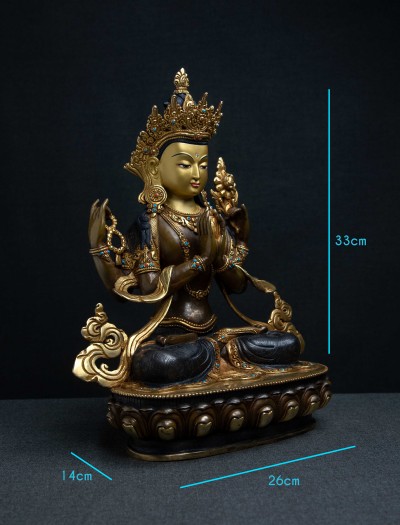 Four armed Avalokiteshvara- 12 inch 24K Part-gold two-toned antique (2.1)
