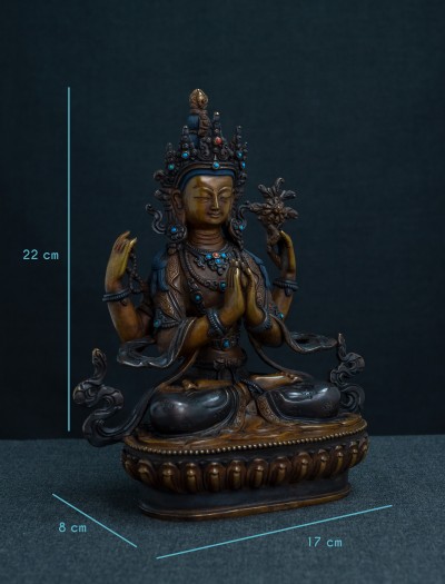 Four armed Avaloketishvara- 8 inch Copper two-toned oxidized