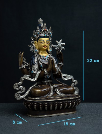 Four Armed Avalokiteshvara- 8 inch Part-silver