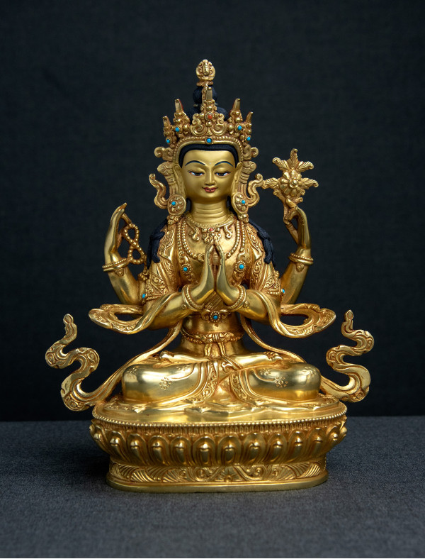 Four armed Avaloketishvara- 8 inch 24k Full-gold antique