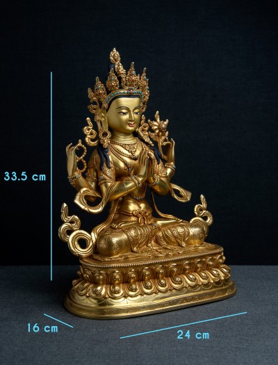 Four armed Avalokiteshvara- Double lotus- 12 inch Full-gold antique (1.1)