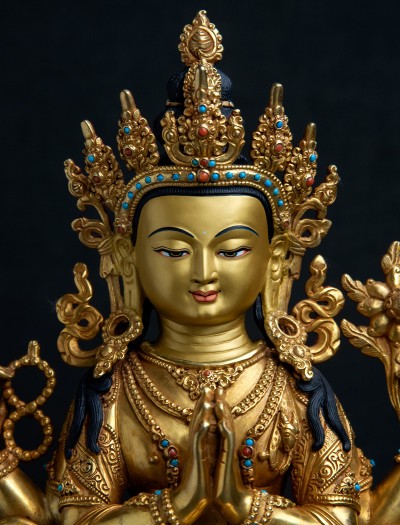 Four armed Avalokiteshvara- Double lotus- 12 inch Full-gold antique (1.1)