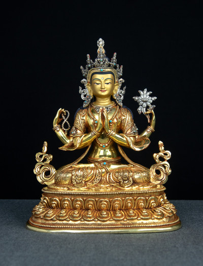 Four-armed Avaloketishvara- Double lotus- 9 inch 24k Full-gold antique