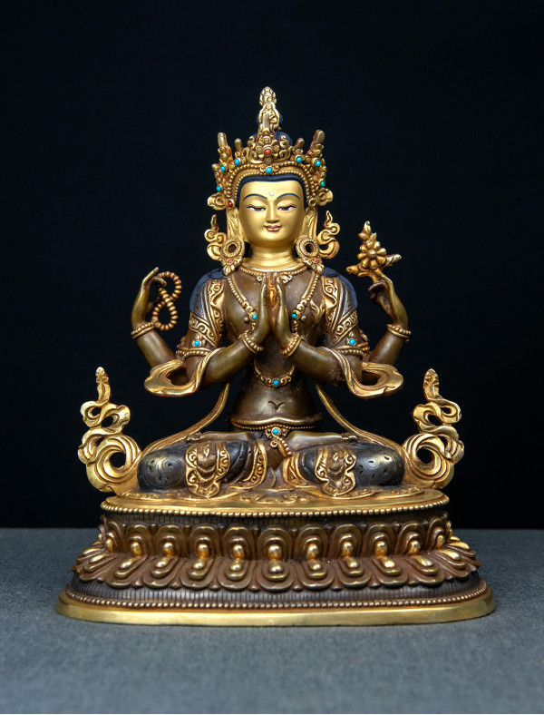 Four-armed Avaloketishvara- Double lotus- 9 inch 24k Part-gold two-toned antique