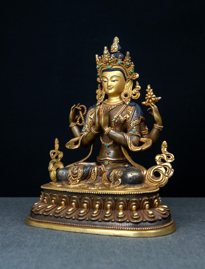 Four-armed Avaloketishvara- Double lotus- 9 inch 24k Part-gold two-toned antique