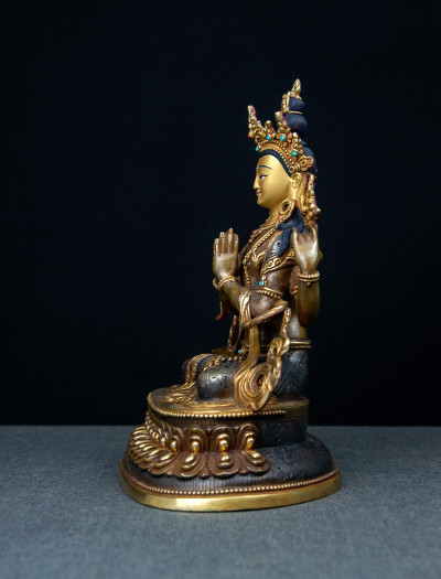 Four-armed Avaloketishvara- Double lotus- 9 inch 24k Part-gold two-toned antique