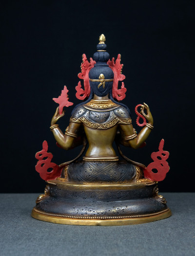 Four-armed Avaloketishvara- Double lotus- 9 inch 24k Part-gold two-toned antique