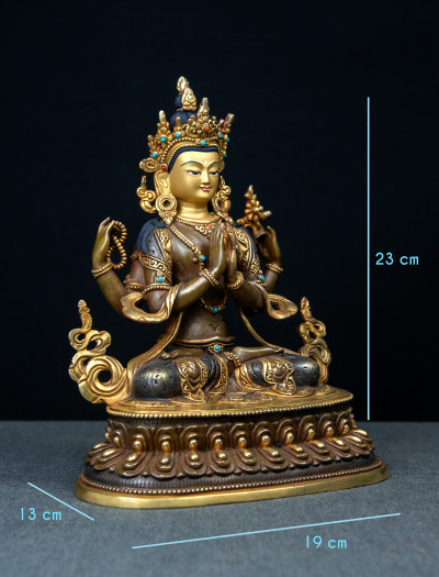 Four-armed Avaloketishvara- Double lotus- 9 inch 24k Part-gold two-toned antique
