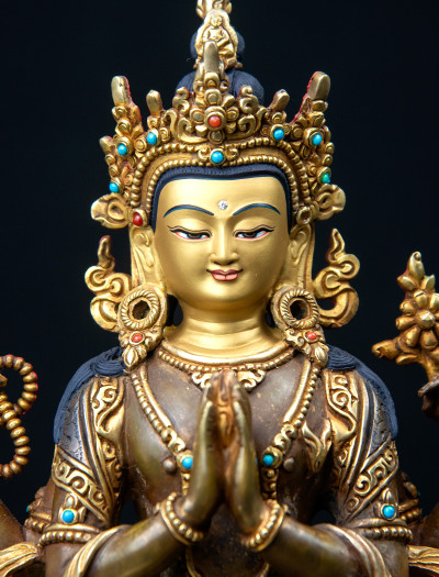 Four-armed Avaloketishvara- Double lotus- 9 inch 24k Part-gold two-toned antique