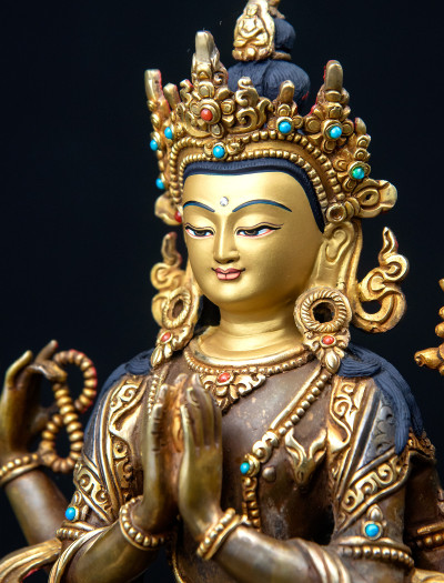 Four-armed Avaloketishvara- Double lotus- 9 inch 24k Part-gold two-toned antique