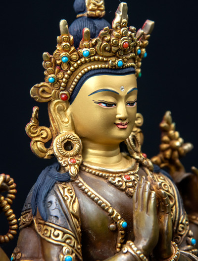 Four-armed Avaloketishvara- Double lotus- 9 inch 24k Part-gold two-toned antique