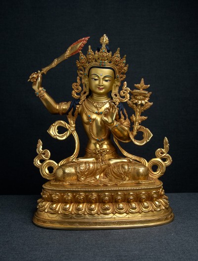 Manjushri- Double lotus- 12 inch 24k Full-gold antique