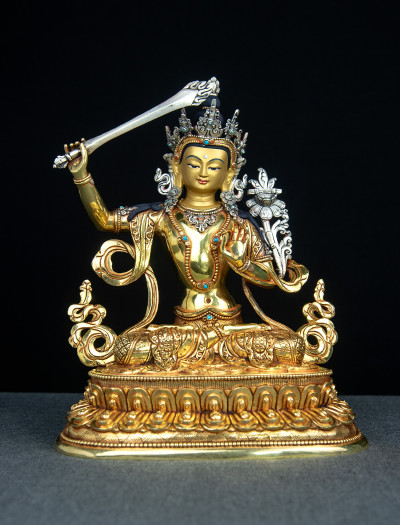 Manjushri- Double lotus- 9 inch 24k Full-gold antique