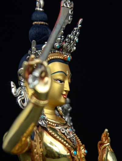 Manjushri- Double lotus- 9 inch 24k Full-gold antique