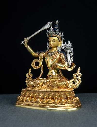 Manjushri- Double lotus- 9 inch 24k Full-gold antique