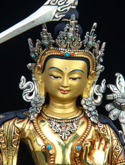 Manjushri- Double lotus- 9 inch 24k Full-gold antique