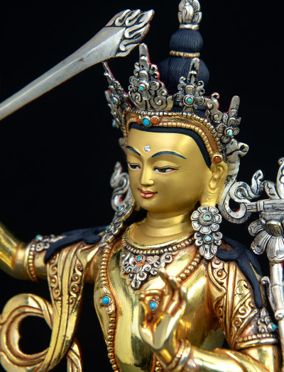 Manjushri- Double lotus- 9 inch 24k Full-gold antique