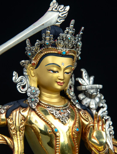 Manjushri- Double lotus- 9 inch 24k Full-gold antique