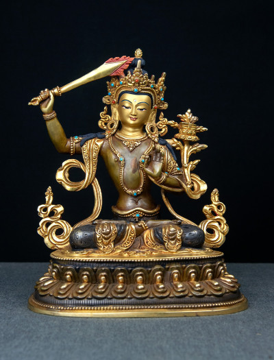 Manjushri- Double lotus- 9 inch 24k Part-gold two-toned antique