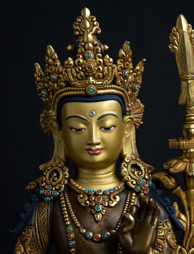 White Manjushri- 12 inch 24k Part-gold two-toned antique