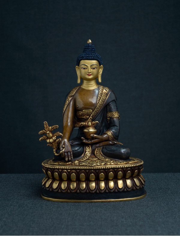 Medicine Buddha 8 inch Double lotus Part-gold two-toned antique