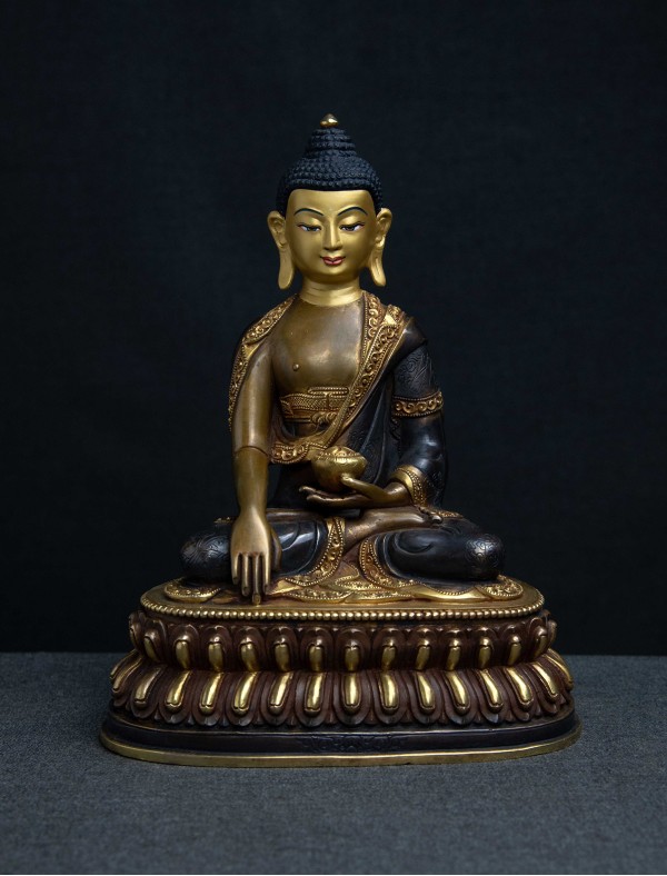 Shakyamuni Buddha- 8 inch double lotus 24k Part-gold Two-toned antique