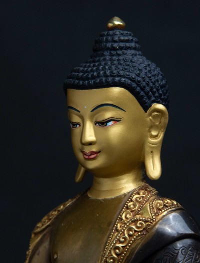 Shakyamuni Buddha- 8 inch double lotus 24k Part-gold Two-toned antique