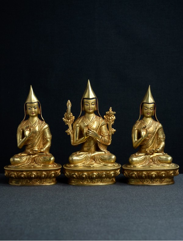 Tsongkhapa with his two disciples- 8 inch 24k Full-gold antique