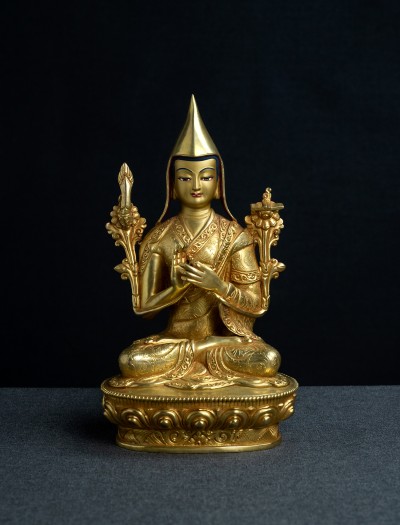 Tsongkhapa with his two disciples- 8 inch 24k Full-gold antique