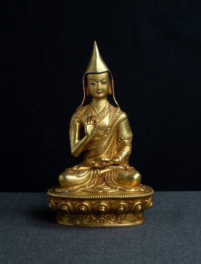 Tsongkhapa with his two disciples- 8 inch 24k Full-gold antique