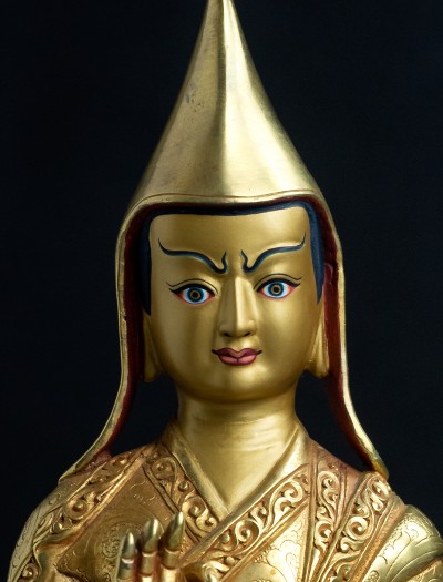 Tsongkhapa with his two disciples- 8 inch 24k Full-gold antique