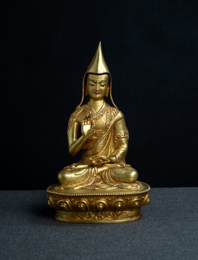 Tsongkhapa with his two disciples- 8 inch 24k Full-gold antique