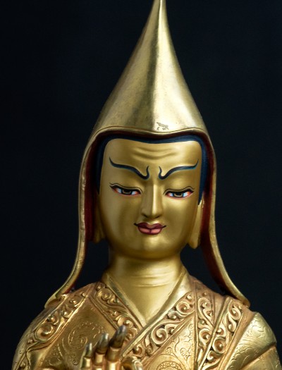 Tsongkhapa with his two disciples- 8 inch 24k Full-gold antique