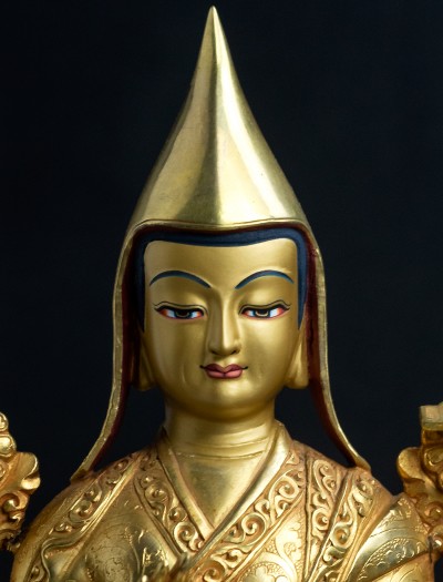 Tsongkhapa with his two disciples- 8 inch 24k Full-gold antique