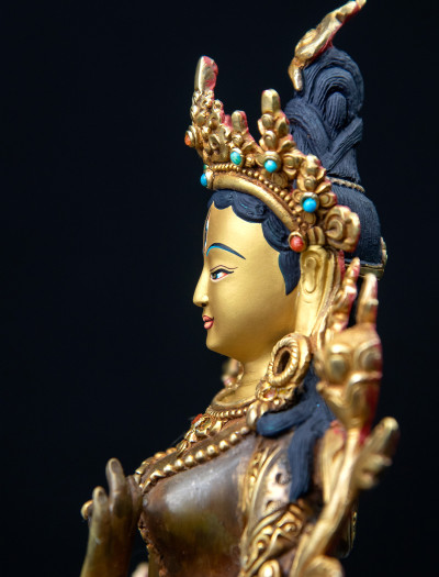 White Tara- Double lotus- 9 inch 24k Part-gold two-toned antique