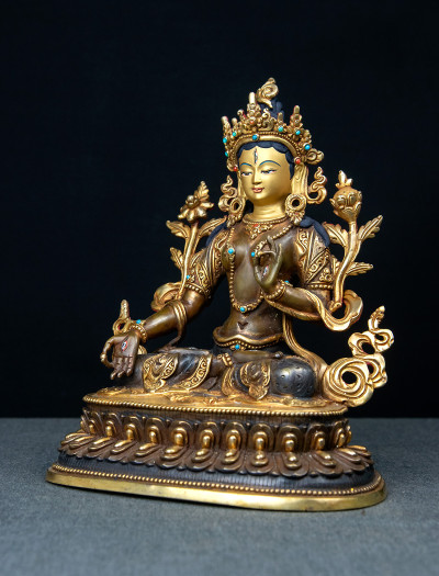 White Tara- Double lotus- 9 inch 24k Part-gold two-toned antique
