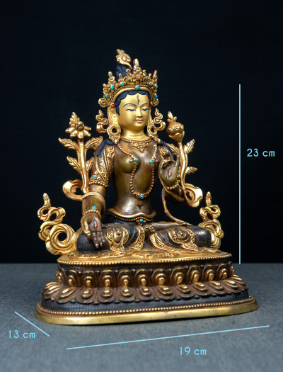 White Tara- Double lotus- 9 inch 24k Part-gold two-toned antique