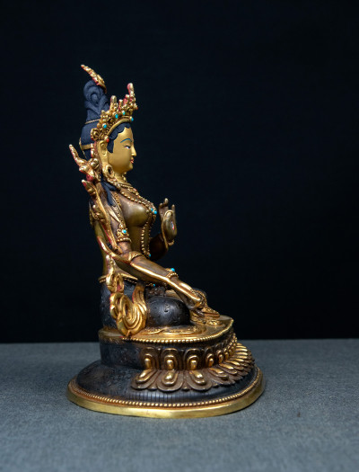 White Tara- Double lotus- 9 inch 24k Part-gold two-toned antique
