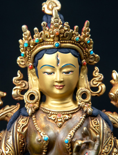 White Tara- Double lotus- 9 inch 24k Part-gold two-toned antique